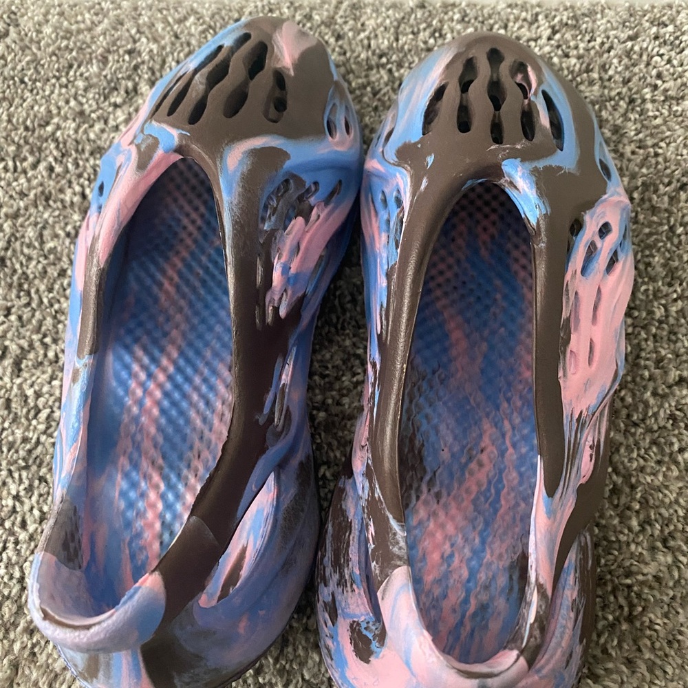 Yeezy Artistic Mules in Brown, Blue, and Pink